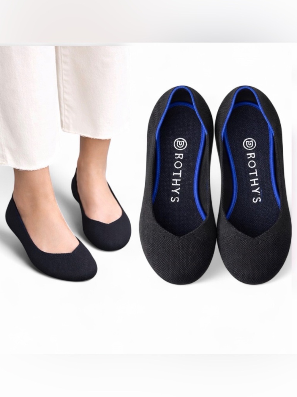Rothy’s The Flat Black Knit Ballet Flats Round Toe Washable Comfort W9 Travel